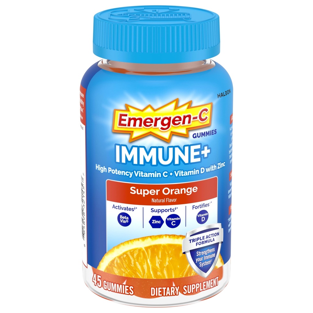 Emergen-C Immune+ Triple Action Immune Support Gummies, BetaVia (R), 1000mg Vitamin C, B Vitamins, Vitamin D and Antioxidants, Super Orange - 45 Count