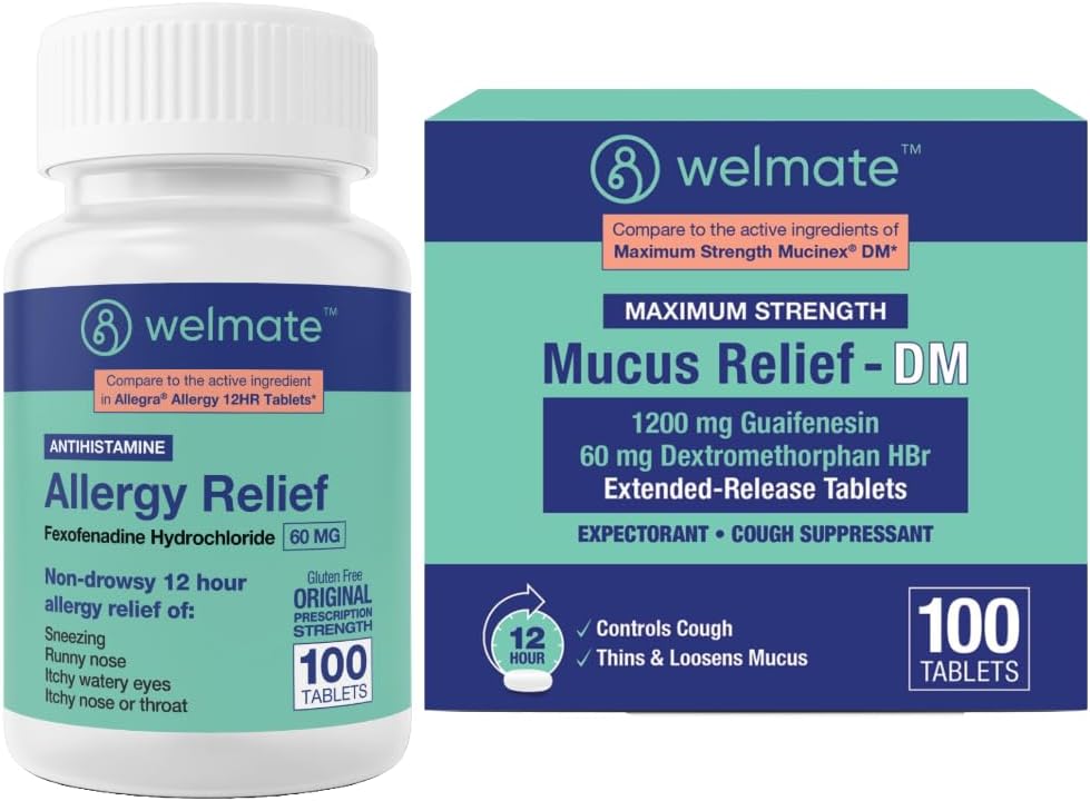 WELMATE Total Respiratory Health Bundle: Allergy Relief Fexofenadine HCl 60mg (100 Ct) 12- timers non- Drowsy Antihistamin + maksimal styrke Mucus Relief DM 1200mg Guaifenesin & 60mg DXM (100 Ct)