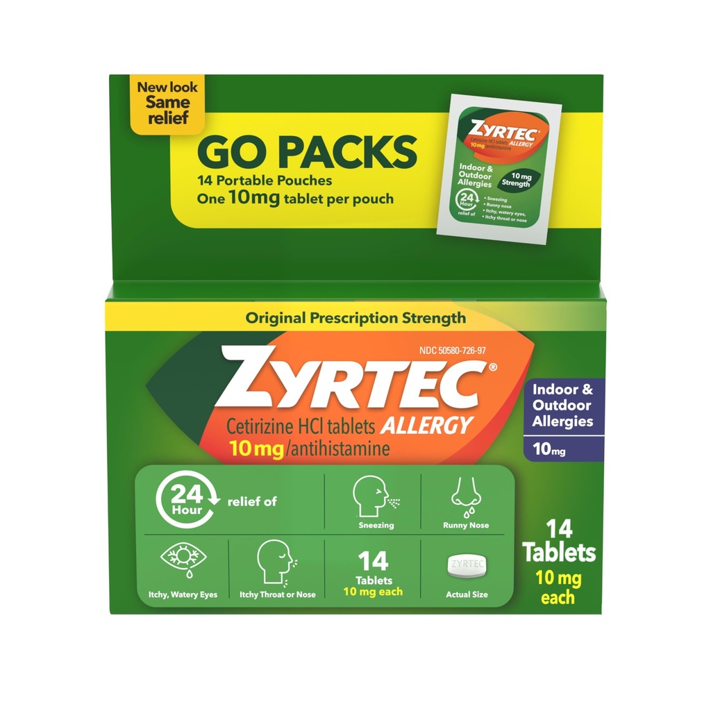 Zyrtec 24 timers Allergi Relief tabletter, Antihistamin Indendørs & Udendørs Anti Allergi Medicin + Cetirizine HCl, Relief from Runny Nose, Nysen, & Itchy Eyes, Single Packs, 14 x 1 kt Pakninger