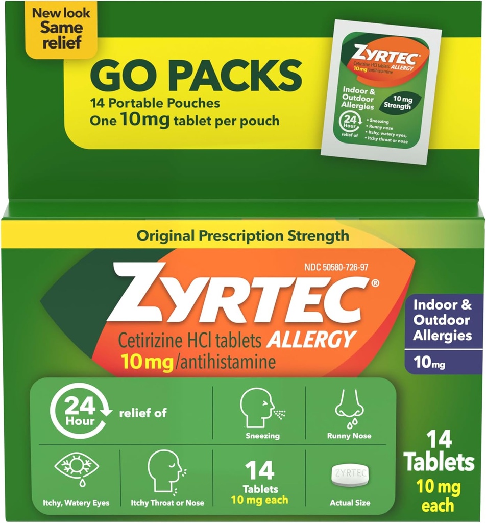 Zyrtec 24 timers Allergi Relief tabletter, Antihistamin Indendørs & Udendørs Anti Allergi Medicin + Cetirizine HCl, Relief from Runny Nose, Nysen, & Itchy Eyes, Single Packs, 14 x 1 kt Pakninger