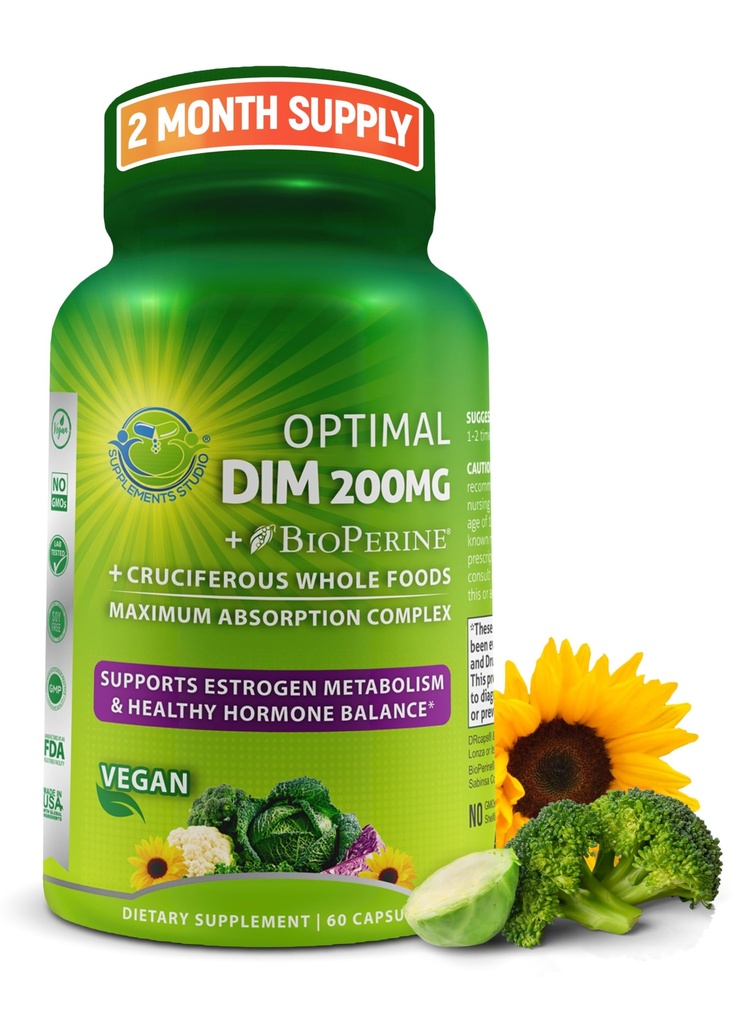 Optimal DIM 200mg supplement til kvinder og mænd - Lavet med økologiske hele fødevarer - Østrogen & Hormone Balance Support Diindolylmethan Complex - Maksimal Absorption Forsinkede - Release Kapsler - 60 Tæl