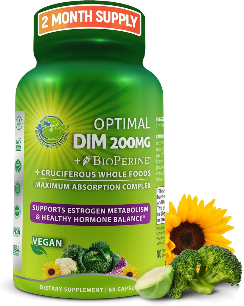 Optimal DIM 200mg supplement til kvinder og mænd - Lavet med økologiske hele fødevarer - Østrogen & Hormone Balance Support Diindolylmethan Complex - Maksimal Absorption Forsinkede - Release Kapsler - 60 Tæl