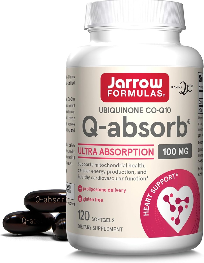 Jarrow Formulas Q- Absorb Ubiquinone Co- Q10 100 mg, Kosttilskud, Antioxidant Support til Mitokondriel Sundhed, Cellular Energy Production og Kardiovaskulær Sundhed, 120 Softgels, 120 Day Supply