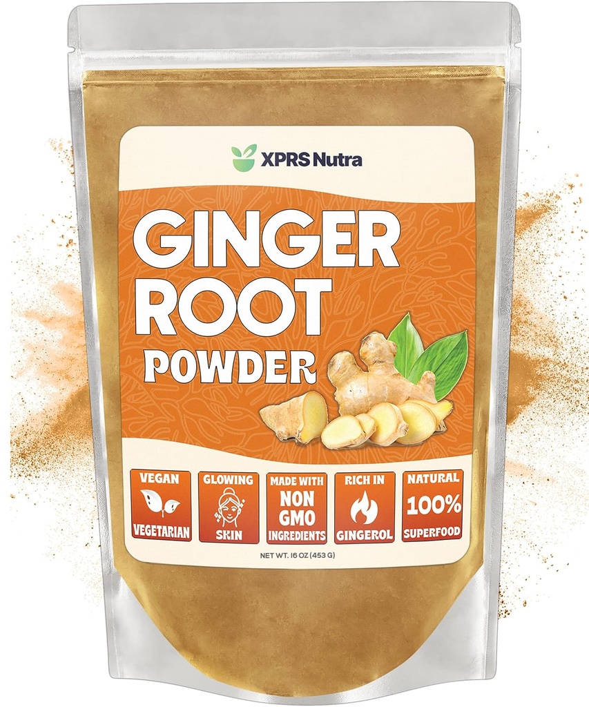 XPRS Nutra Ginger Powder - Premium Ground Ginger Root Powder med Potent Spicy Flavor - Ground Ginger Powder - Vegan Friendly Grown Poweded Ginger (16 Ounce)