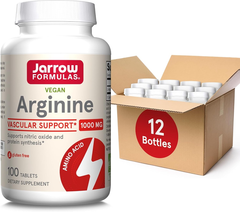 Jarrow Formulas Arginin 1000 mg, Kosttilskud, understøtter produktion af nitrogenoxid, understøtter proteinsyntese, 100 tabletter, op til 100 dages forsyning (pakke med 12)