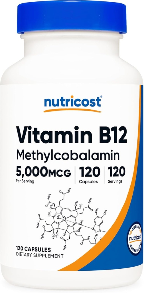 Nutricost Vitamin B12 (Methylcobalamin) 5000mcg, 120 Kapsler - Vegetariske Caps, Non- GMO, Gluten Free B12 Supplement