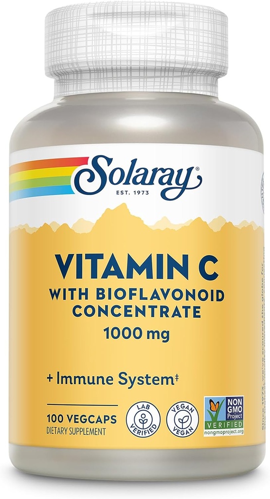 SOLARAY C-vitamin 1000mg med bioflavonoider Koncentrat - C-vitamin kapsler med Rose HIPS og Acerola Cherry - Antioxidant, Heart Health og immunforsvar Support, Vegan, Non- GMO, 100 Servere