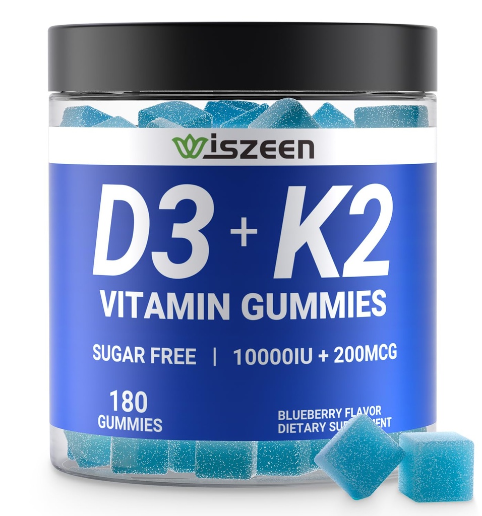 Sugar- Free Vitamin D3 K2 Gummies, Vitamin D3 10000iu & Vitamin K2 (MK7) 200mcg med Calcium, Magnesium, Vitamin B12 for Knoglemuskeltænder Immun, Vegan