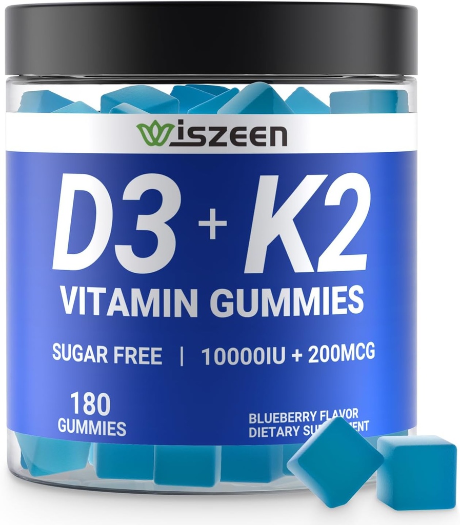 Sugar- Free Vitamin D3 K2 Gummies, Vitamin D3 10000iu & Vitamin K2 (MK7) 200mcg med Calcium, Magnesium, Vitamin B12 for Knoglemuskeltænder Immun, Vegan