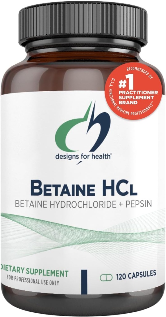 Design for sundhed betaine HCl med pepsin - 750mg betaine hydroklorid + protein fordøjelsesenzymer - Non- GMO supplement til støtte fordøjelsesfunktion (120 kapsler)