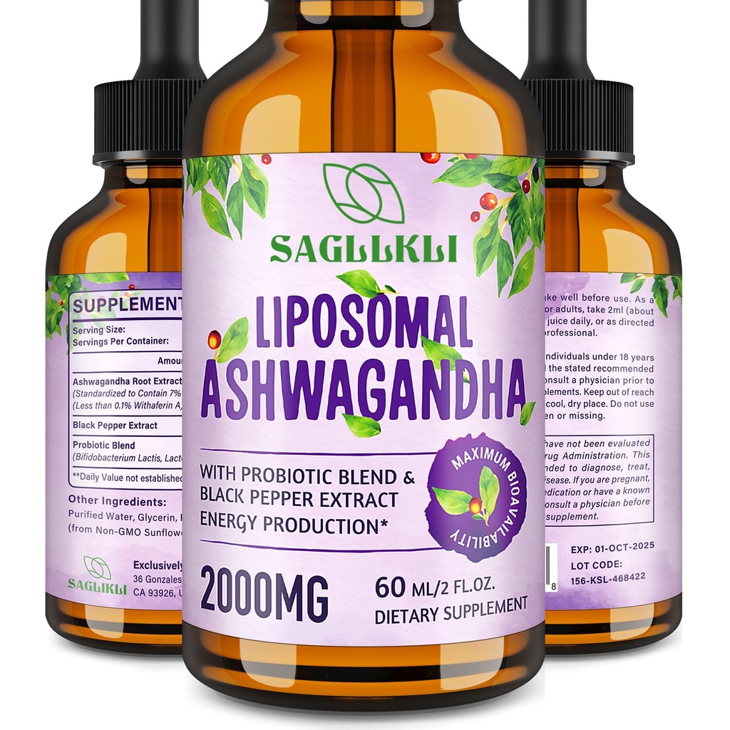 Liposomal Ashwagandha Liquid Drops 2000mg, Ashwagandha Root Extract Supplement (7% Withanolides) med Black Pepper Extract & Probiotika til Focus, Cognition & Energy - 2 FLLOZ (1 flaske)
