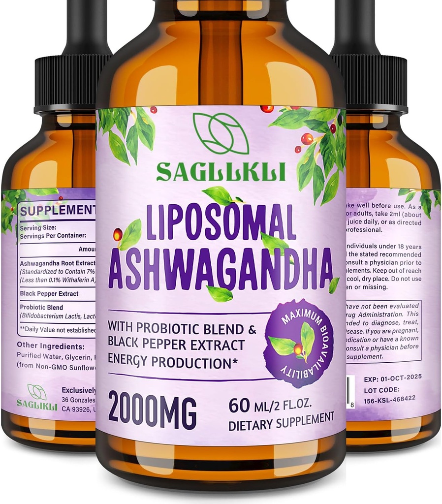 Liposomal Ashwagandha Liquid Drops 2000mg, Ashwagandha Root Extract Supplement (7% Withanolides) med Black Pepper Extract & Probiotika til Focus, Cognition & Energy - 2 FLLOZ (1 flaske)
