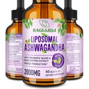 Liposomal Ashwagandha Liquid Drops 2000mg, Ashwagandha Root Extract Supplement (7% Withanolides) med Black Pepper Extract & Probiotika til Focus, Cognition & Energy - 2 FLLOZ (1 flaske)