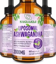 Liposomal Ashwagandha Liquid Drops 2000mg, Ashwagandha Root Extract Supplement (7% Withanolides) med Black Pepper Extract & Probiotika til Focus, Cognition & Energy - 2 FLLOZ (1 flaske)