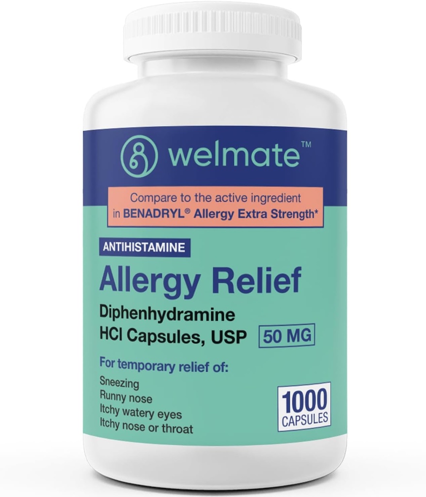 WELMATE Allergi Relief - Diphenhydramin 50 mg - 1000 Count Capsules - Antihistamin - Allergi & kolde symptomer - Nysen, Runny Næse, Itchy Eyes & Throat