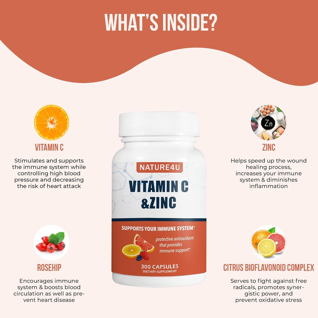 Vitamin C 1000mg med zink, Rose HIPS og Citrus Bioflavonoider, immuntilskud Antioxidantbeskyttelse, 300 kapsler