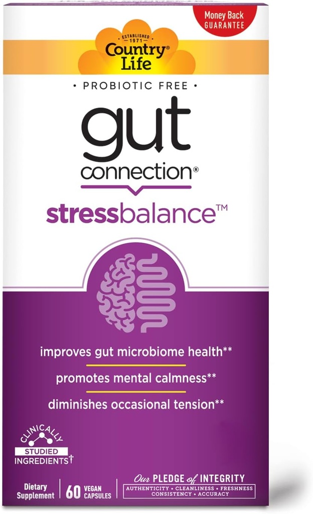 Country Life Gut Connection Stress Balance 60 Veganske kapsler, Certified Gluten Free, Certified Vegan, Non- GMO Verified
