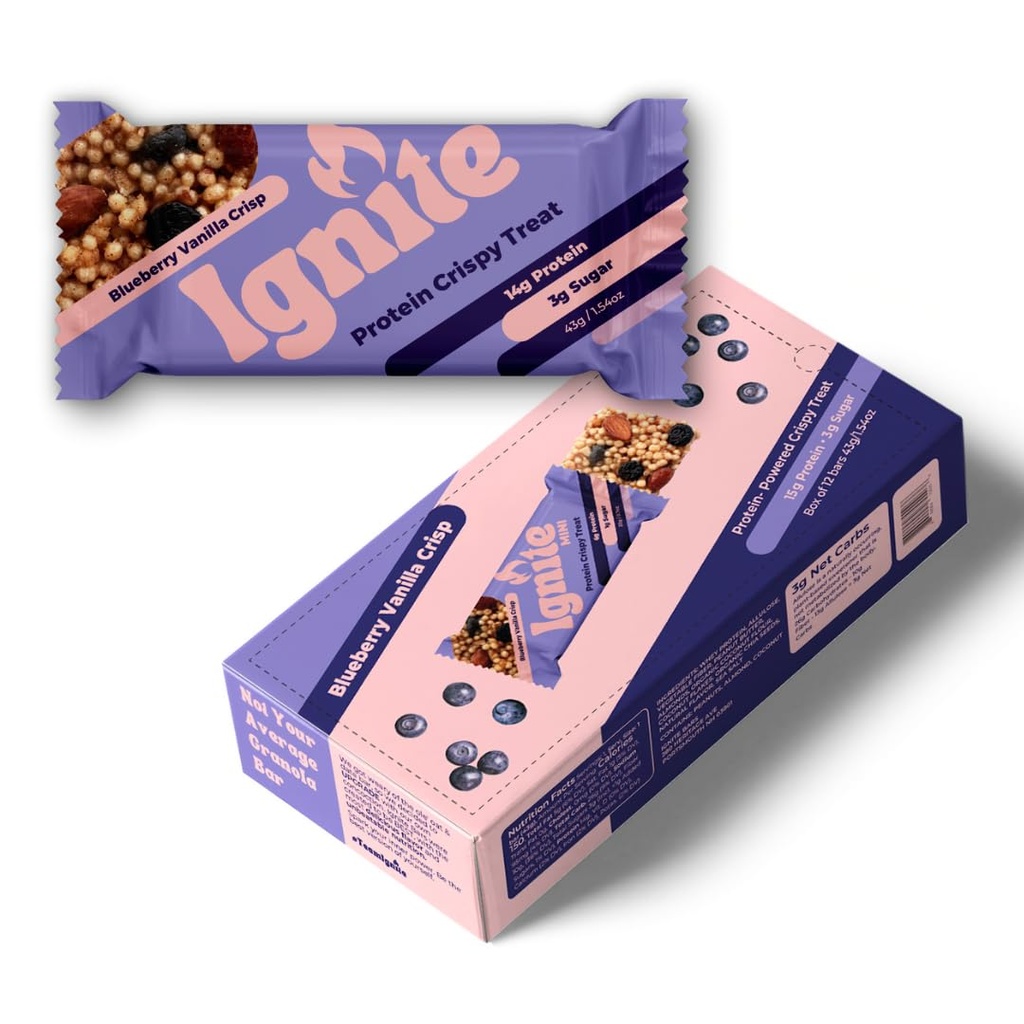 Ignite Bars Crispy Keto Rice Treat - High Protein, Low Sugar and Low Carb Snack - Guild Free Food and Fiber Friendly Bars for Sunde Voksne (Blåbær Vanilla Mandel)
