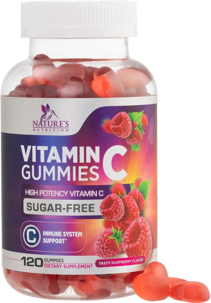 Sugar Free Vitamin C Gummies - immunforsvar & antioxidant Vitamin C Kosttilskud - Vegan, Non- GMO, Dairy & Gluten Free C Vitamin Gummies - Raspberry Flavor til børn og voksne - 120 Count Gummies