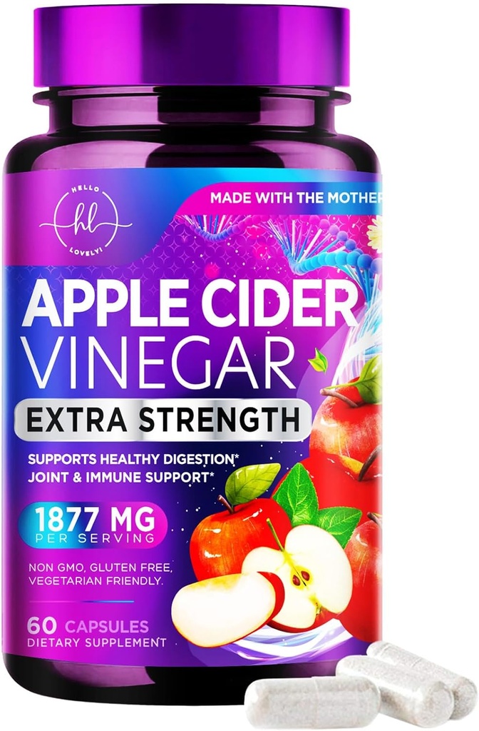 Æblecider Vinciferkapsler 1877mg - Ekstra styrke ACV Piller med vitamin D3 & Zink - Apple Vincitol piller supplement til fordøjelse, energi & immunforsvar, non-GMO, flaske i USA - 60 kapsler