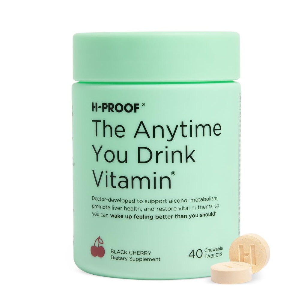 H- PROOF Den Anytime du drikker Vitamin, Lever sundhed & Immunity Support med elektrolytter, Mælk tidsel, og Vitamin B & C - 40 tyggetabletter (20 Servere), Vegan, Black Cherry