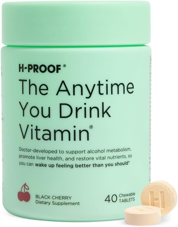H- PROOF Den Anytime du drikker Vitamin, Lever sundhed & Immunity Support med elektrolytter, Mælk tidsel, og Vitamin B & C - 40 tyggetabletter (20 Servere), Vegan, Black Cherry