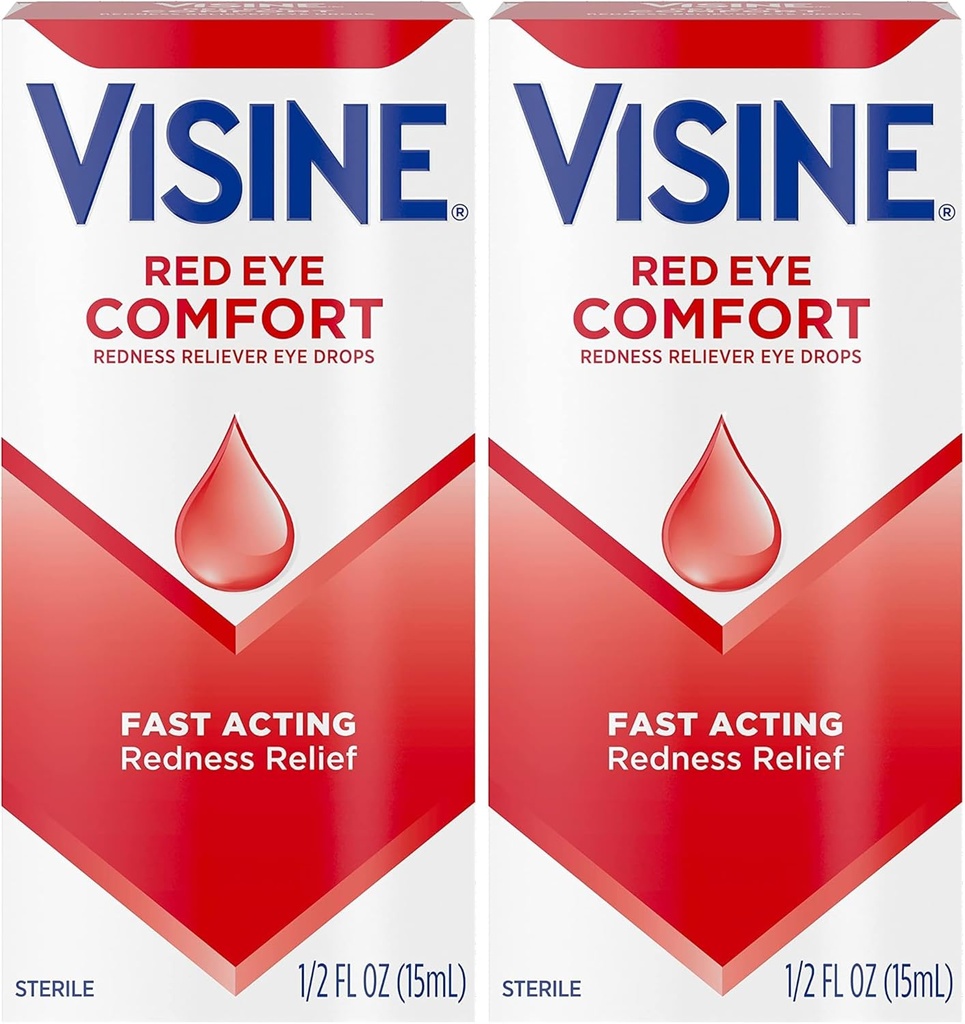Visin Red Eye Comfort Redness Relief Eye Drops til at hjælpe med at lindre røde øjne på grund af mindre øjenirritationer hurtigt, Tetrahydrozolin HCl, 0,5 fl. oz (pakke med 2)