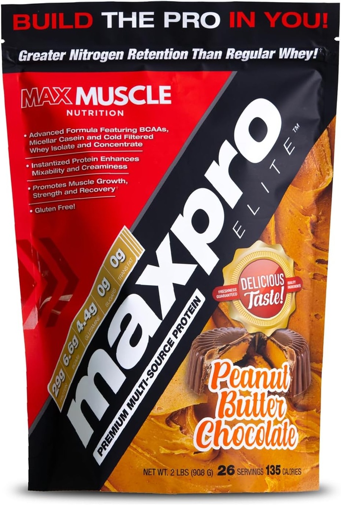 Max Muscle Maxpro Elite Whey Protein Powder Medical 124; 30g Protein Medical 124; 0g Sugar Medical 124; 6,6g BCAAs Medical 124; Micellar Casein Cold Filtered Whey Isolate Protein Medical Growth & Recovery (PB Chocolate, 2lb)