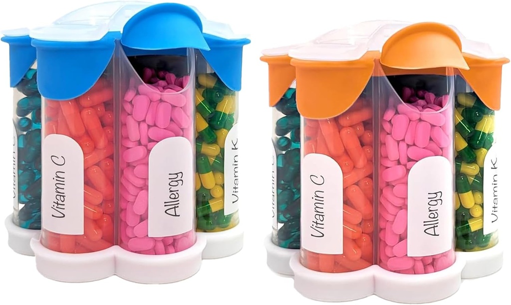 Ekstra Stor Pill Organizer Daglig, Ugentlig, Månedlig Supplement Flaske, Cute Blossom Pill Dispenser med 7 XL kompartmenter (2 Pack Combo) (Light Blue og Orange)