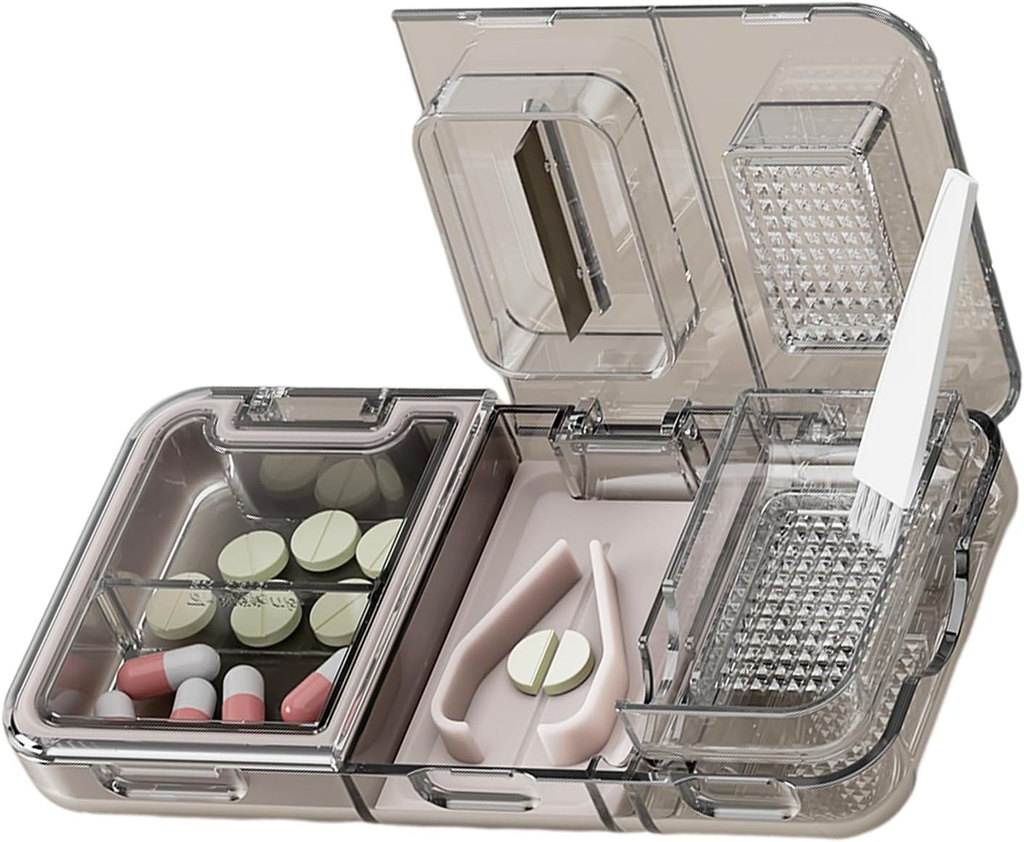 CFMOUR 3- in-1 Pill Cutter Splitter til små eller små store piller, Crusher Grinder med pulver Brush Grind tabletter, Pill Carrier til opbevaring piller, Mills til ældre, Kids & Kæledyr, Sort