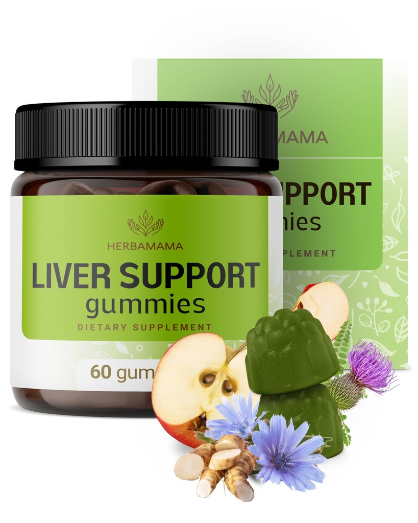 HERBAMAMA Leverstøtte Gummies - Urtekompleks for lever Detox og rense - Vegan, Non- GMO Samlet Support Supplement - 60 pectin- baserede apple- smag tygger