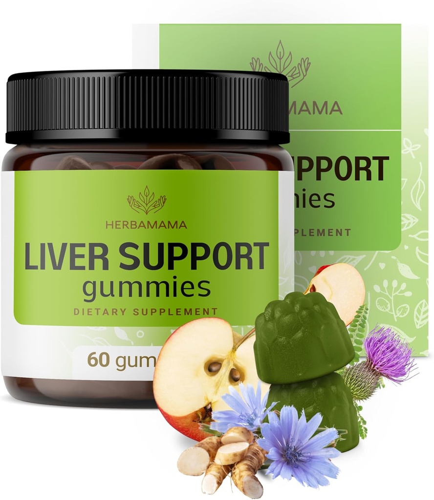 HERBAMAMA Leverstøtte Gummies - Urtekompleks for lever Detox og rense - Vegan, Non- GMO Samlet Support Supplement - 60 pectin- baserede apple- smag tygger