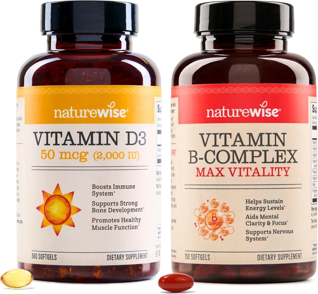 NatureWise Vitamin D3 2000iu 360 Tæl og vitamin B Complex 150 Softgel - sund muskelfunktion, immunstøtte, Cellular Energy, Mental Clarity