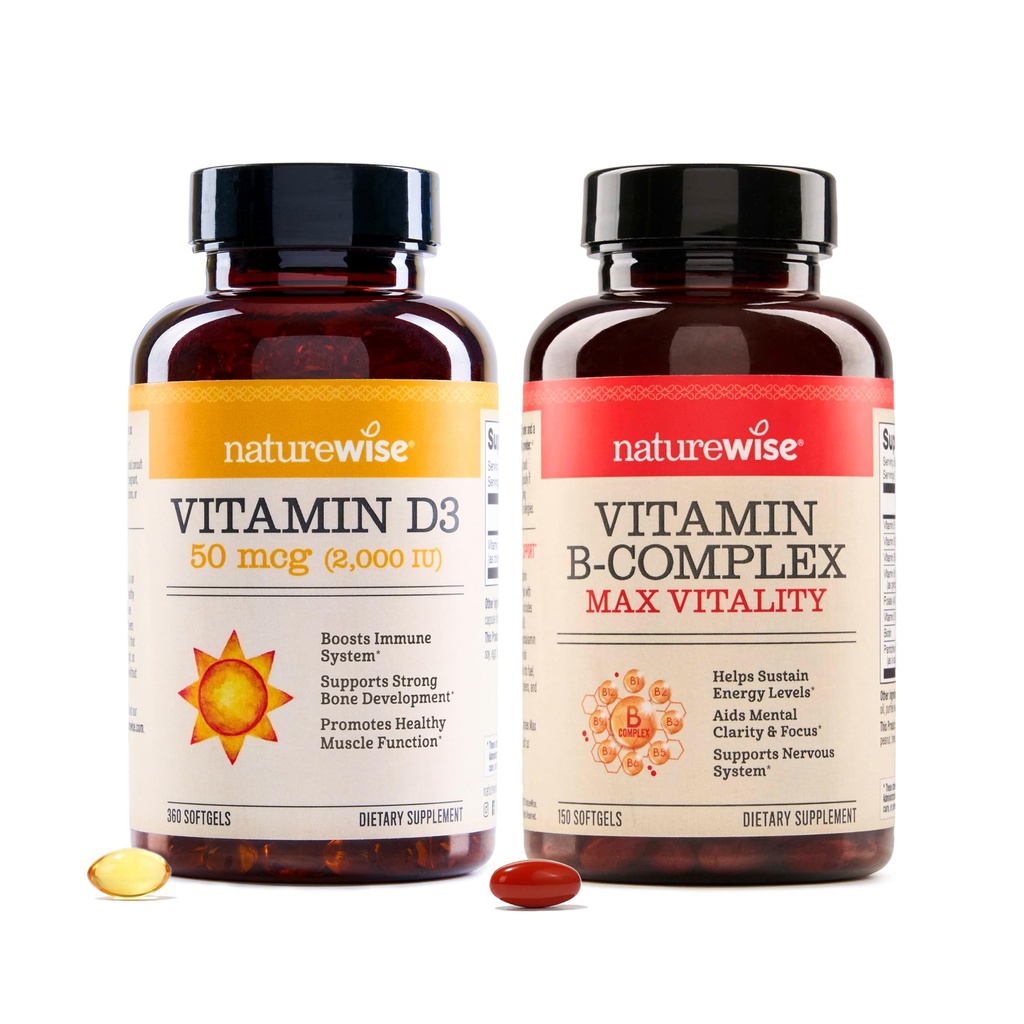 NatureWise Vitamin D3 2000iu 360 Tæl og vitamin B Complex 150 Softgel - sund muskelfunktion, immunstøtte, Cellular Energy, Mental Clarity