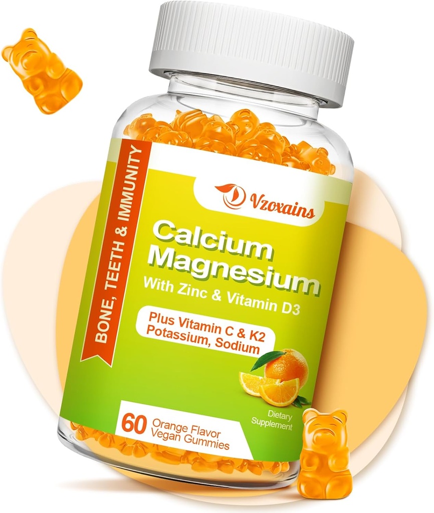 Høj Absorption Calcium Gummier, Sukker Free Calcium Magnesium tillæg med Kalium Vitamin D3 til mænd og kvinder - Vegan, Orange Flavor 60 Cts