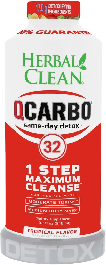 Herbal Clean QCarbo32 Same-Day Premium Detox Drink, Stærkere 17.03g Blend (Tropical Flavor, 32 Fl Oz)