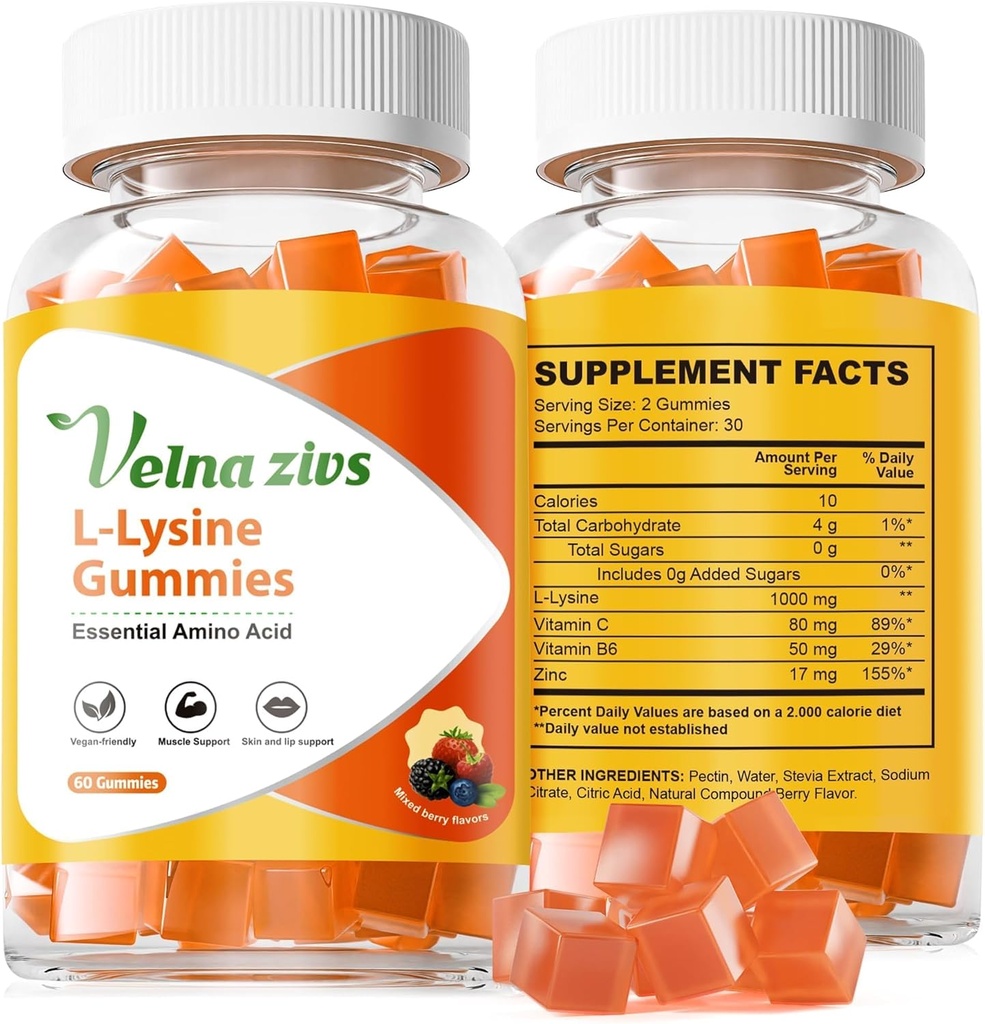 L- Lysin Gummies 1000mg, Chewable Lysin Kosttilskud til voksne, Sugar Free Lysin for Cold Sore * Behandling, immunforsvar med Vitamin, Hud og Læber Sundhed *, Vegan, Ikke GMO, 60 Counts