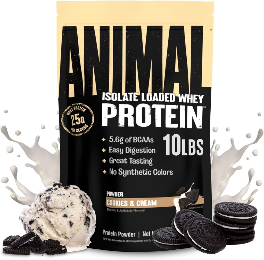 Animal Whey Isolate Protein Powder - Loaded for Pre & Post Workout Muscle Builder og inddrivelse med fordøjelige enzymer til mænd og kvinder - 25g Protein, Great Smag, Lavsukker - Cookies & Cream 10 lbs
