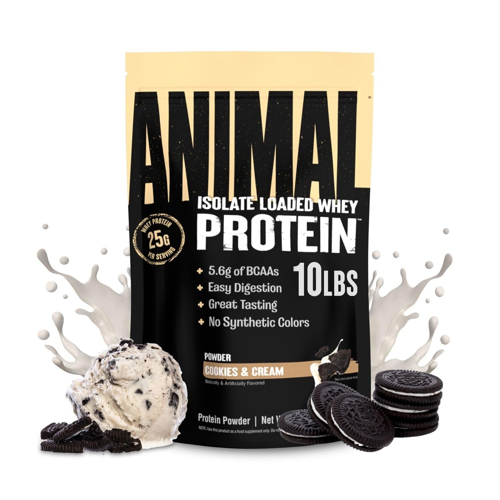 Animal Whey Isolate Protein Powder - Loaded for Pre & Post Workout Muscle Builder og inddrivelse med fordøjelige enzymer til mænd og kvinder - 25g Protein, Great Smag, Lavsukker - Cookies & Cream 10 lbs