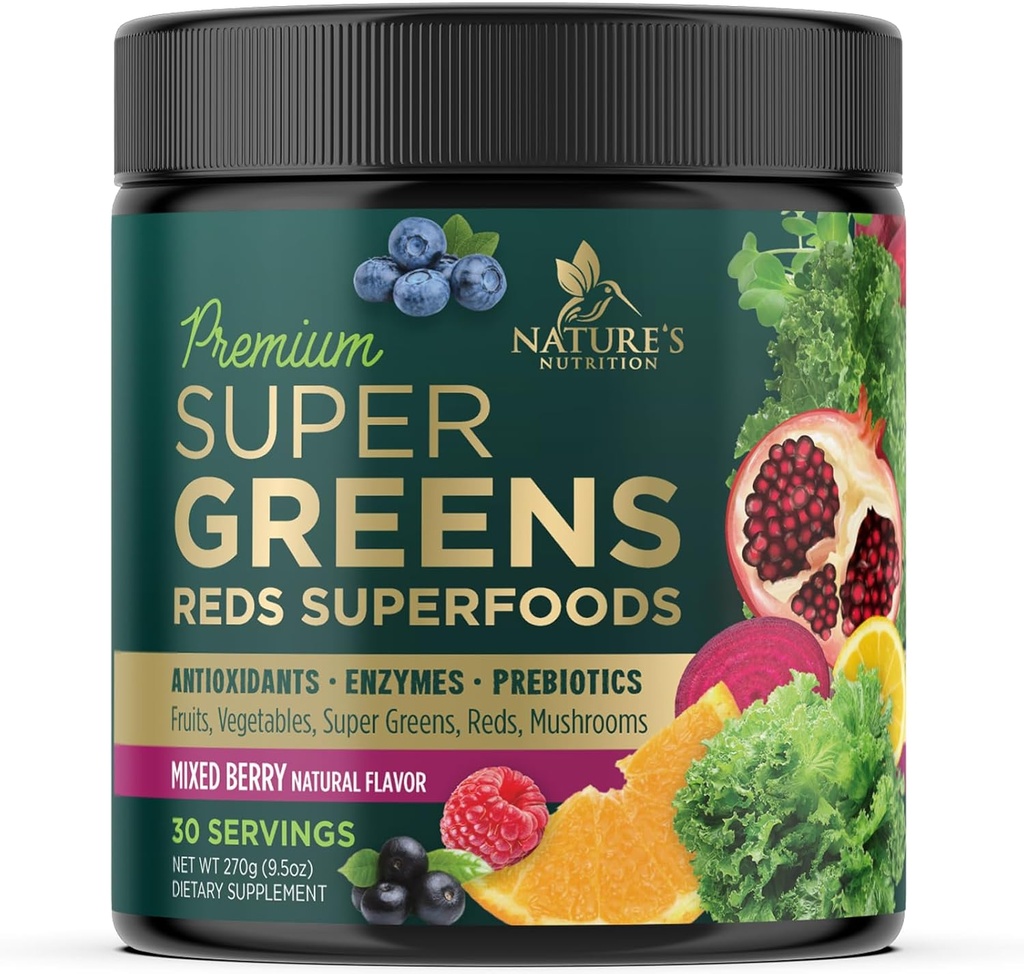 Grønne Superfood Powder Drink Mix - Grønne Kosttilskud Blend for Energi & Gut Sundhed - Med Økologisk Hvede Græs, Spirulina, Chlorella, fordøjelsesfremmende enzymer Antioxidant & Fiber - Berry Flavor, 30 Servere