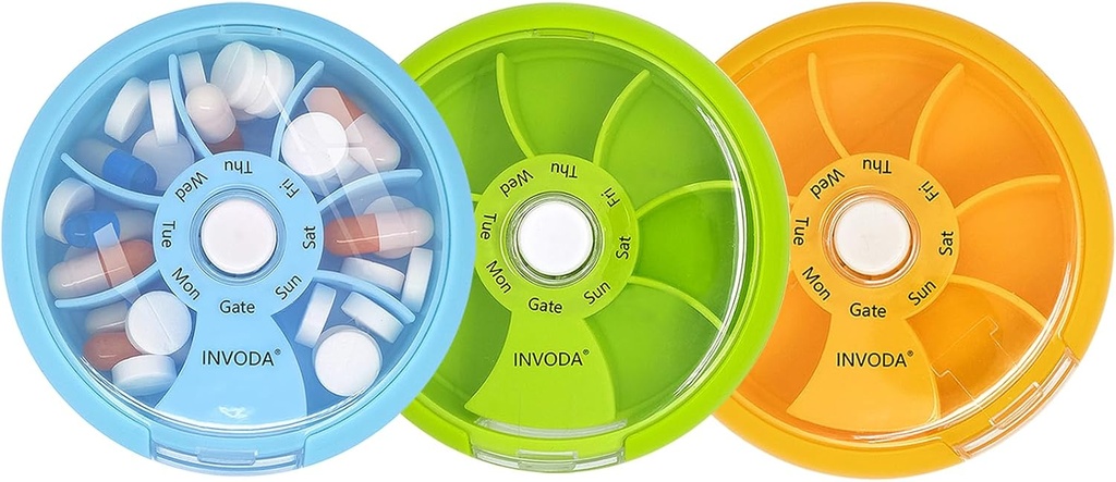 INVODA Weekly Pill Organizer 7 Segment Roterende Pill Box for Daglig Medicin & Vitaminer - Bærbar rejse Pill sag Fish Oil Kosttilskud Vitaminer Organizer (Green + Sky Blue + Orange)