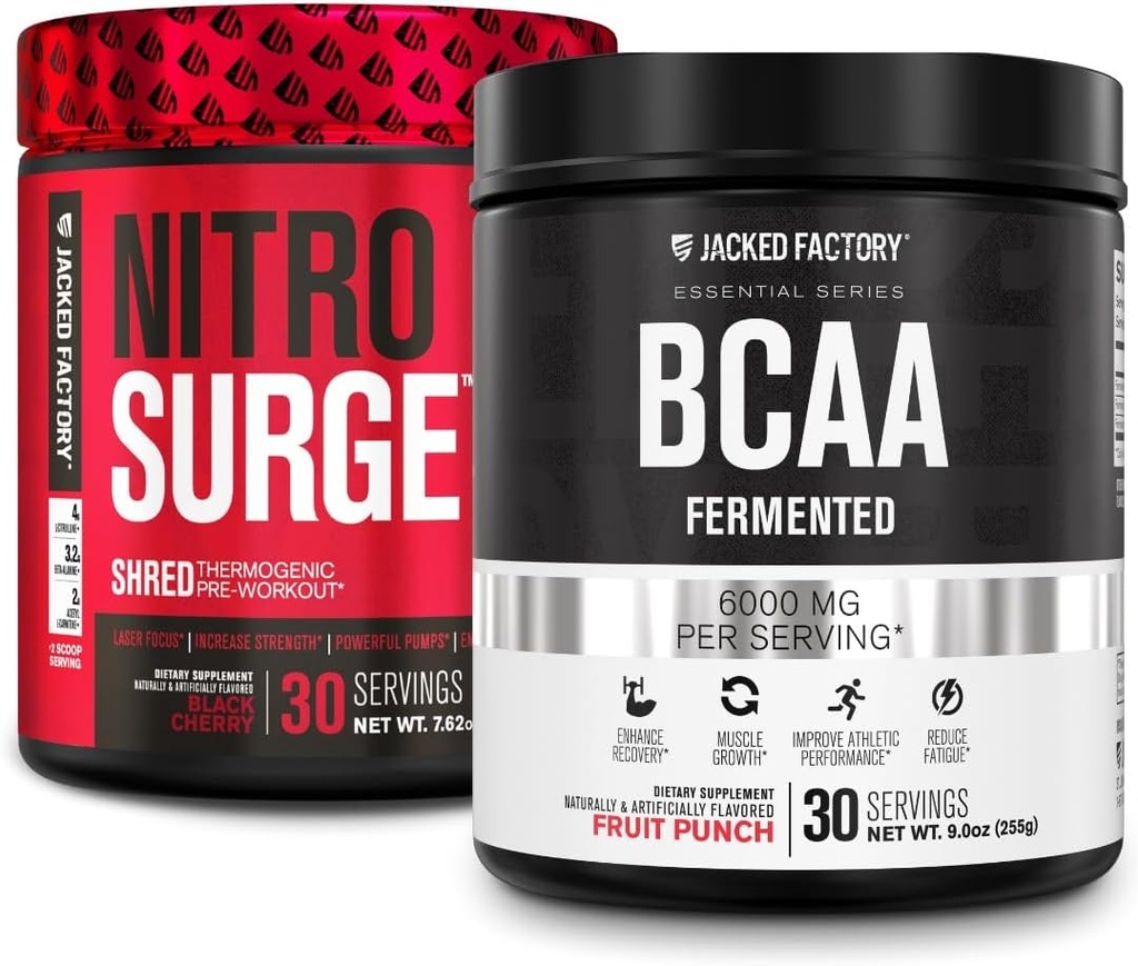 Jacked Factory Nitrovolume Shred Thermogen Pre- Workout i Black Cherry & BCAA i Fruit Punch for Body Recomposition, Muscle Building og Inddrivelse
