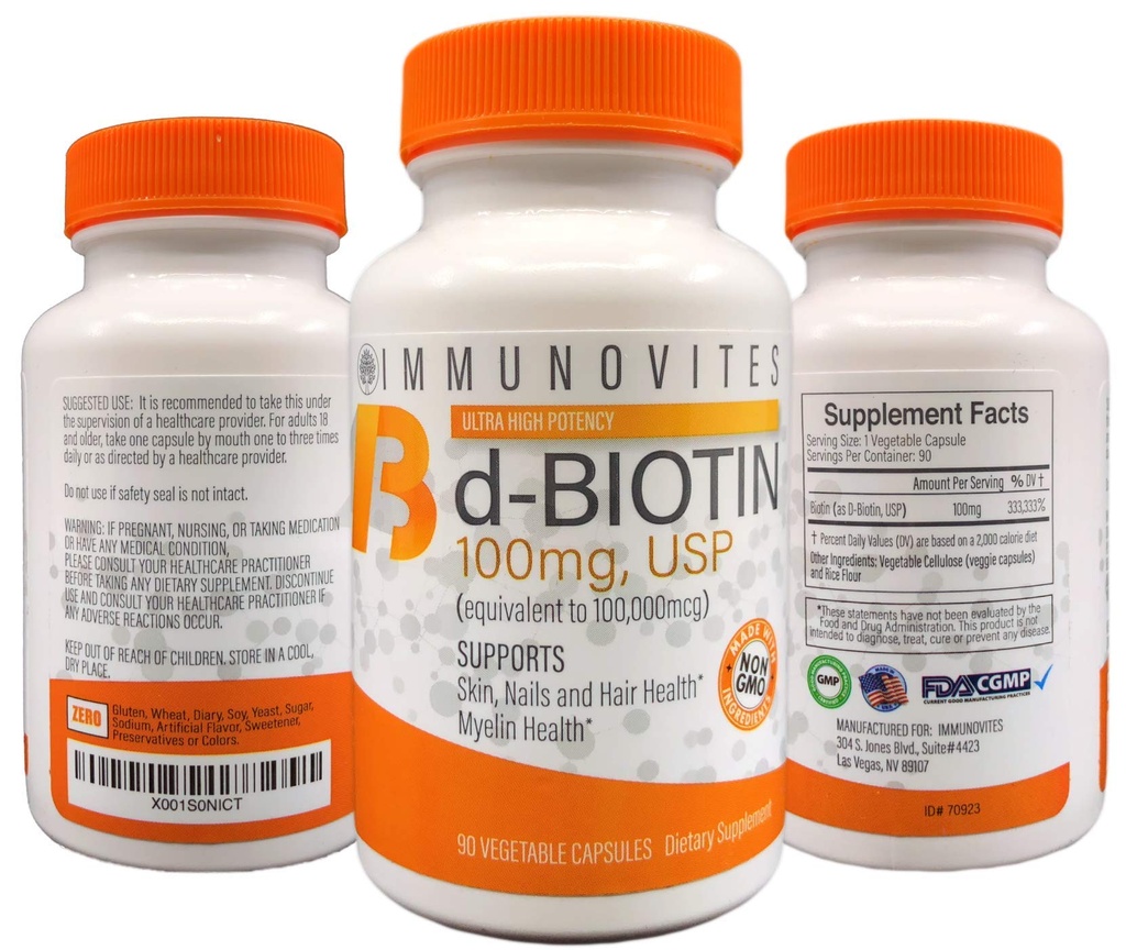 IMMUNOVITES 3- Pack High Dosis Biotin (as d- Biotin, USP) 100mg (Tilsvarende 100,000mcg) 90 Kapsler, High Potence (3)