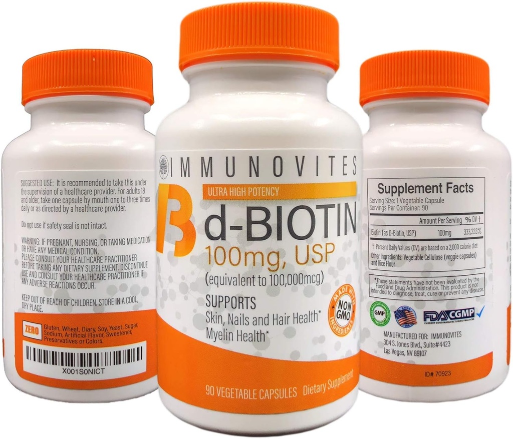 IMMUNOVITES 3- Pack High Dosis Biotin (as d- Biotin, USP) 100mg (Tilsvarende 100,000mcg) 90 Kapsler, High Potence (3)