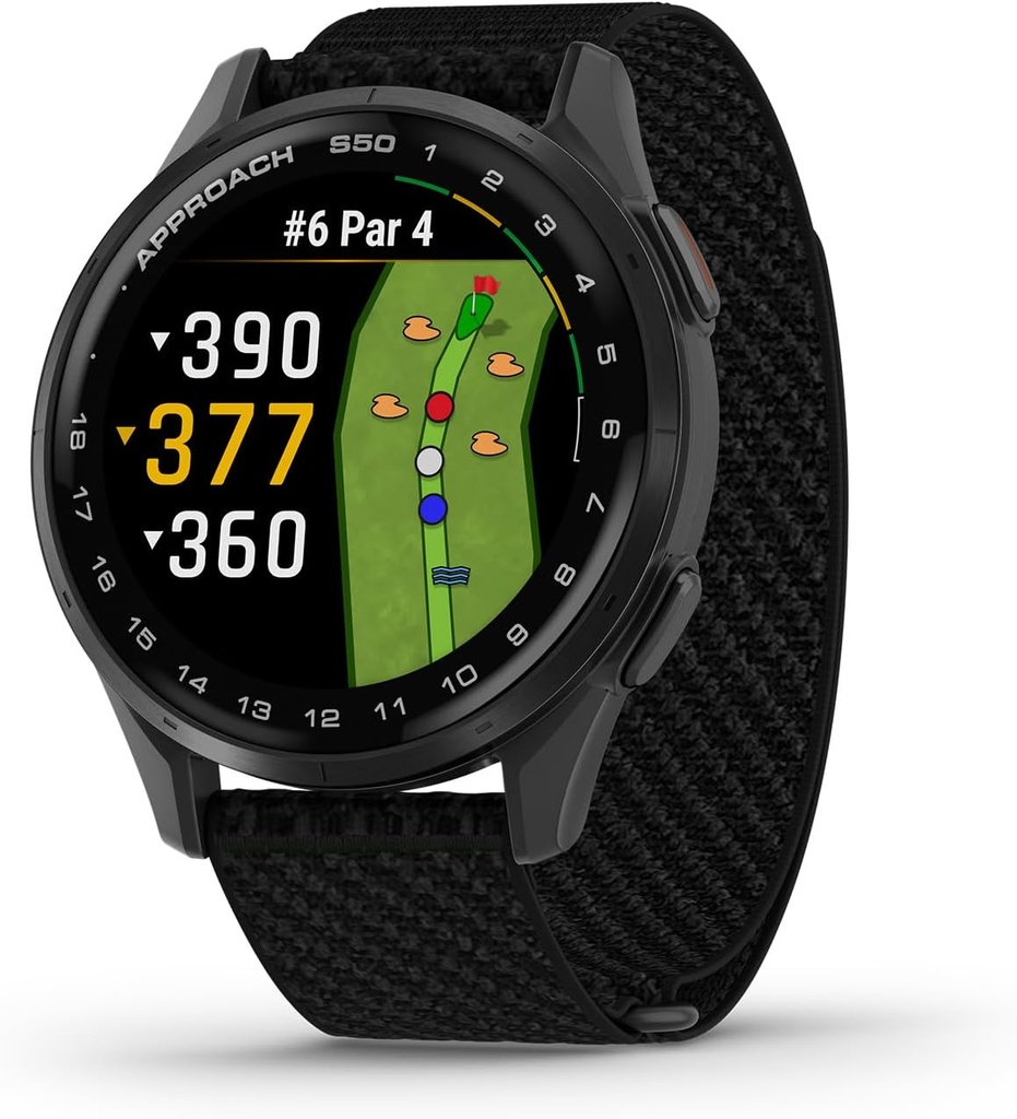 Garmin Approach ® S50, Advanced Golf GPS Smartwatch, AMOLED Display, On- Course funktioner, Wrist- baseret hjertefrekvens, Sat aluminium Bezel med sort ComfortFit Nylon Band