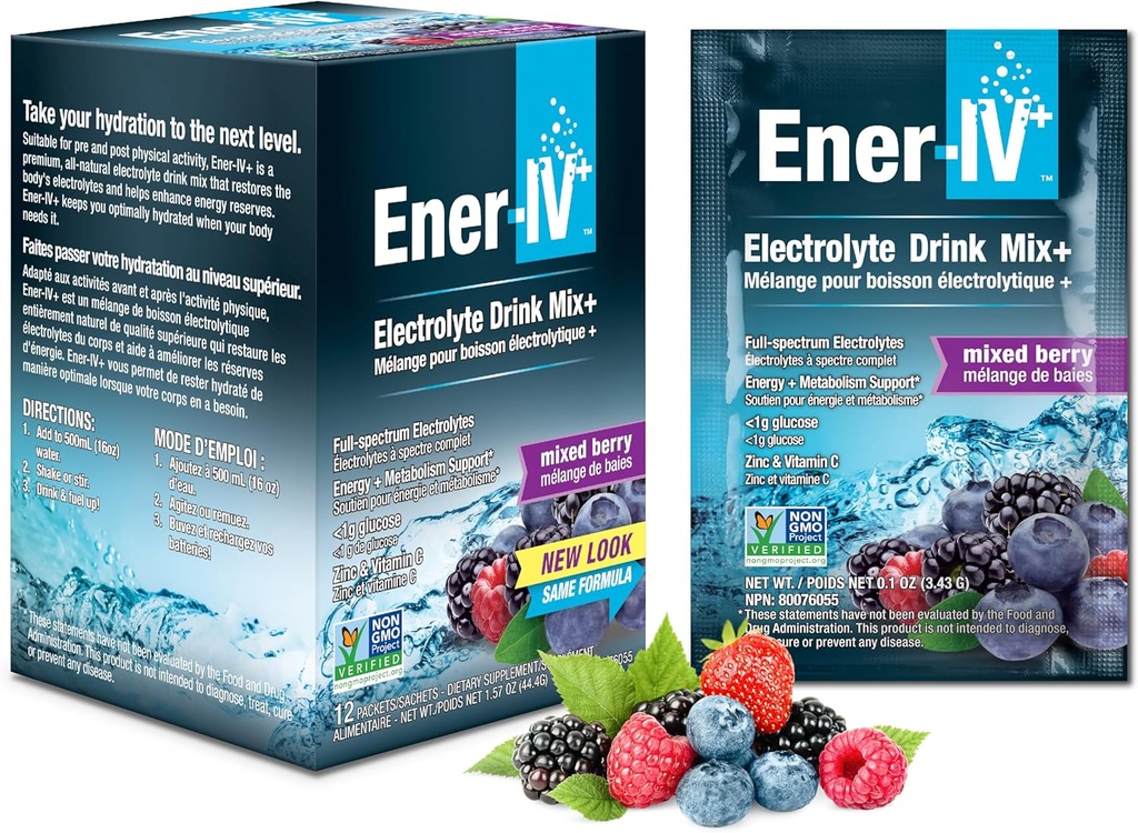 Ener-IV Electrolyte Hydration & Energy Drink Potassium Vitamin C & Zinc Electrolytes Powder Packets - Muscle Recovery & Immunity Sports Drinks for Women & Men Low Sugar Vegan, Mixed Berry - 12 Count