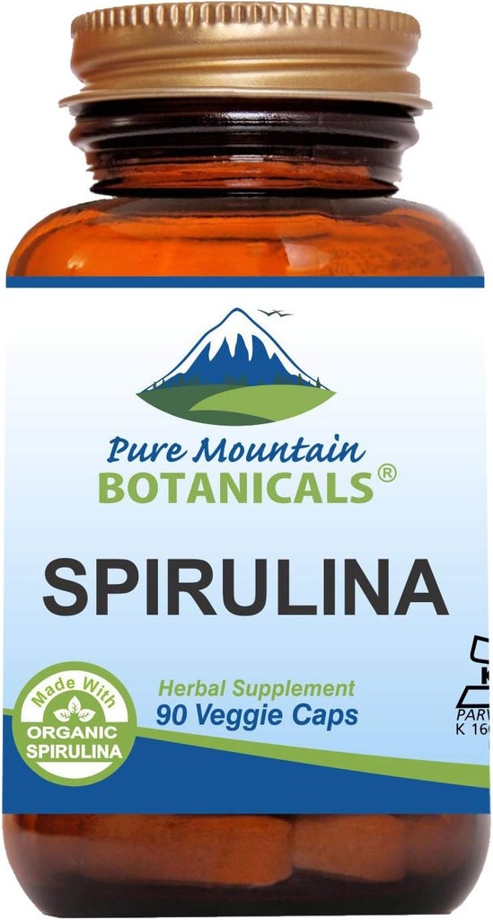 Pure Mountain Botanicals Spirulina Kapsler - 90 Kosher Vegan Caps - Nu med 450mg Økologisk Spirulina pulver - Naturens Superfood supplement