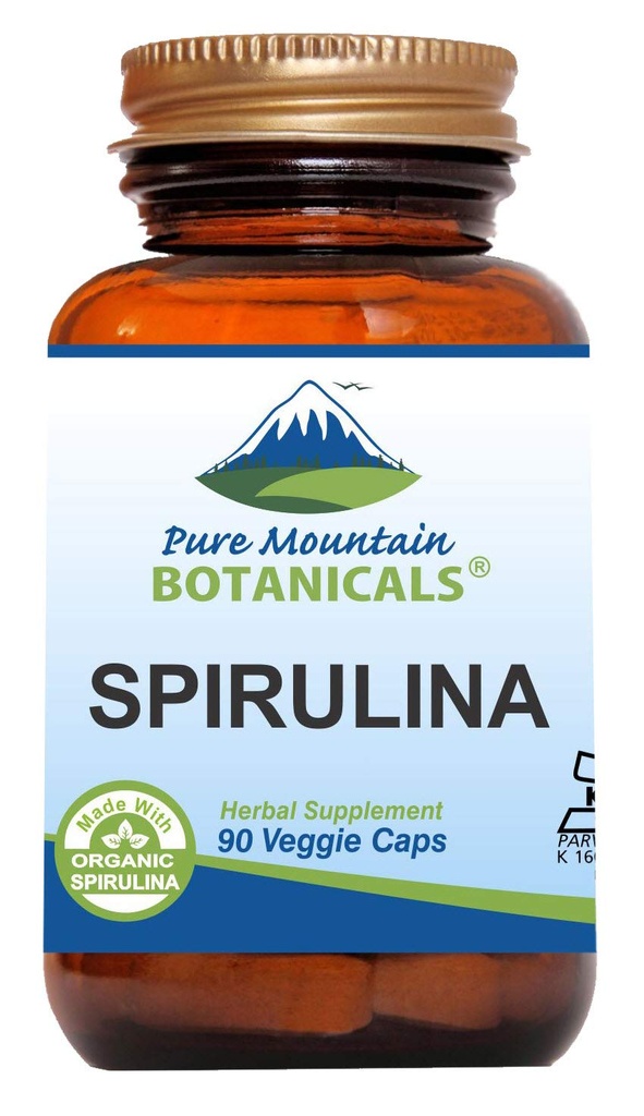 Pure Mountain Botanicals Spirulina Kapsler - 90 Kosher Vegan Caps - Nu med 450mg Økologisk Spirulina pulver - Naturens Superfood supplement