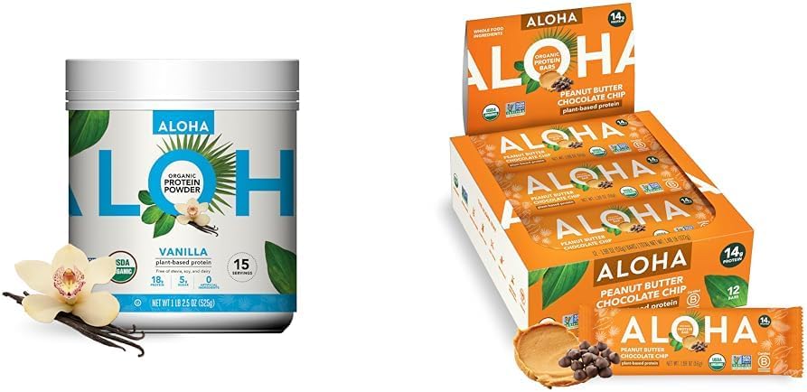 ALOHA Organic Plant- Based Protein Powder Vanilla 19.6oz, Protein Barer Jordnøddesmør Chokolade Chip 1.98oz Pack med 12 Bundle
