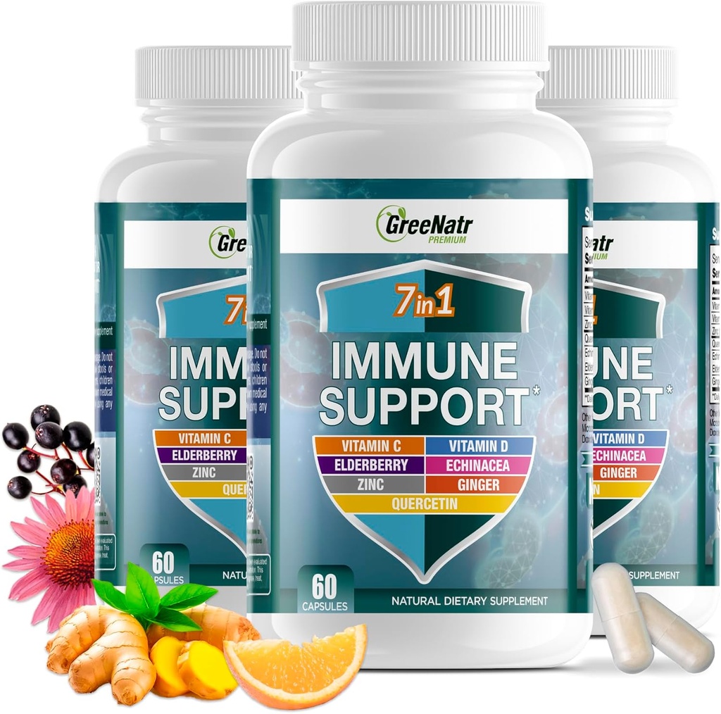 GreeNatr immunsupporttilskud med vitamin C, D3, Zink 50mg, Quercetin, Echinacea purpurea, Sambucus Elderberry og ingefær til komplet immunforsvar - 60 kapsler (3 flasker)